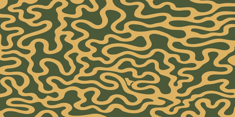 Seamless abstract camouflage pattern with organic wavy lines in green and gold colors. Vector background. © Jamauddin