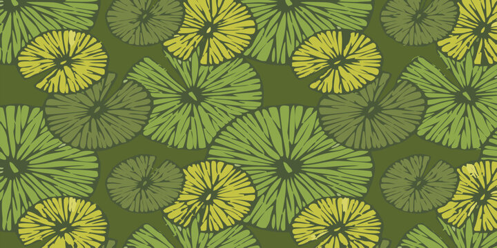 Seamless pattern of stylized green and yellow water lily pads. Hand-drawn botanical vector background.