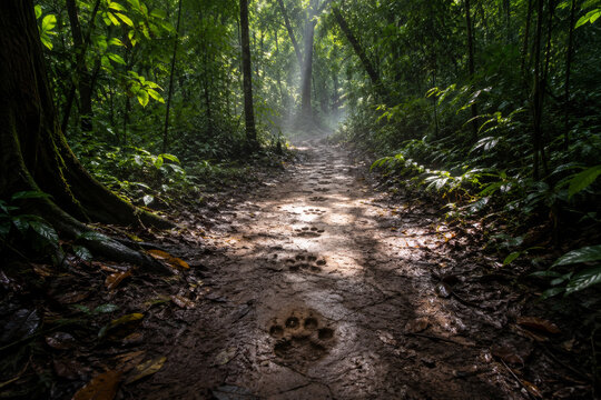 Dense tropical rainforest trail with sunlight filtering through lush forest canopy, untouched jungle landscape and pristine wildlife habitat