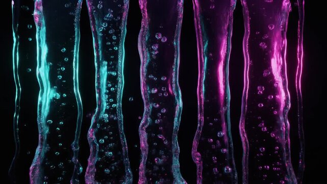 垂直に流れ落ちる複雑で不規則な透明な液体の流れ