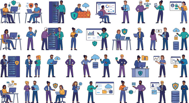 Set of it specialists, cybersecurity experts, and network administrators working with servers, cloud data, and digital security systems