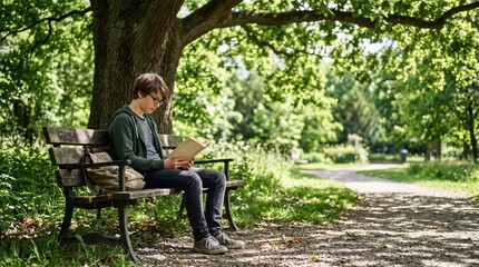 Fototapeta premium Teenage boy reading a book on a wooden park bench