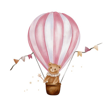 Watercolor illustration cute teddy bear riding in pink and white striped hot air balloon. Bear wearing small white ruffled collar and holding star-shaped wand. For wall decal, baby nurseries