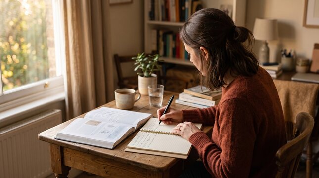 Young Woman Studying and Writing in a Notebook at Home