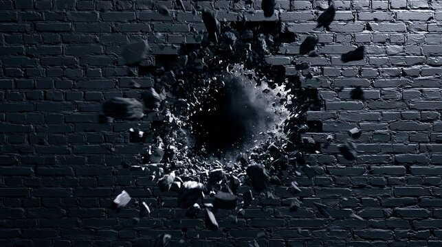 Shattered black brick wall with explosion hole and flying debris abstract background