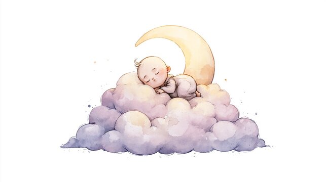 Cute watercolor illustration of a baby sleeping peacefully on a fluffy pastel cloud with crescent moon