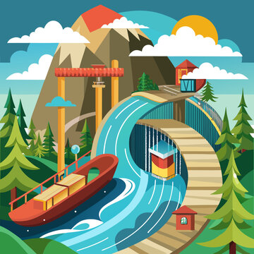Log Flume Rollercoaster Ride in Mountain Amusement Park