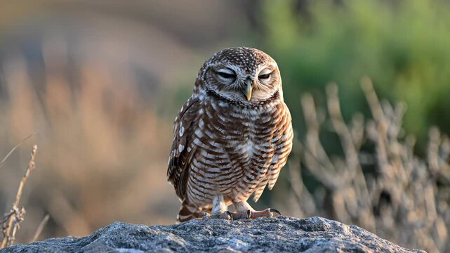 Small burrowing owl with bright yellow eyes and brown speckled feathers perching on a textured rock in natural sunlight during golden hour with a blurred background.