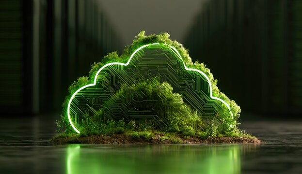 Lush green cloud shape with circuits, emitting neon light, on island