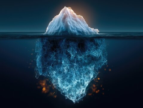 Illuminated abstract iceberg with glowing digital underwater portion, deep blue