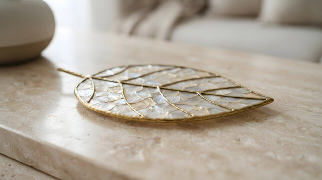 Golden leaf decoration on travertine table. Luxury home decor with capiz shell leaf