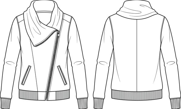 Fashion technical sketch of women asymmetrical zipper jacket with high cowl neck collar front and back views vector template
