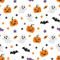 Naklejka premium Cute Halloween Pattern with Pumpkins and Ghosts
