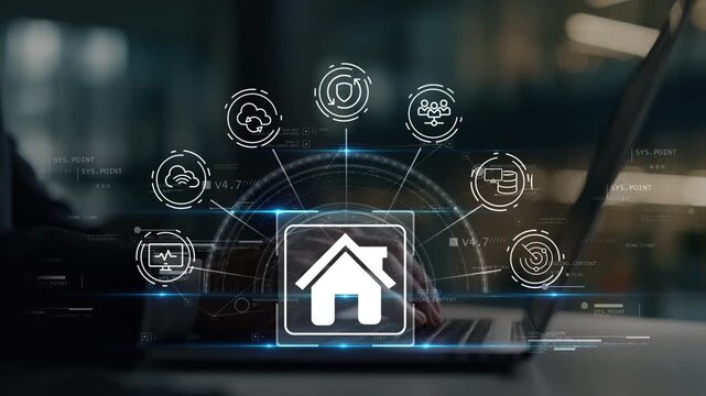Real estate innovation platform with connected property technology, digital housing intelligence, businessman evaluating modern real estate services and future investment opportunities