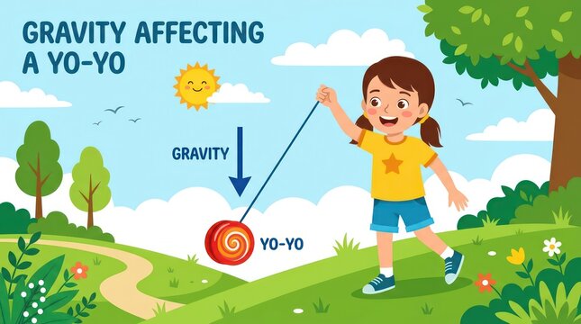 Gravity pulling yo-yo down during play on grassy hill with child illustration.