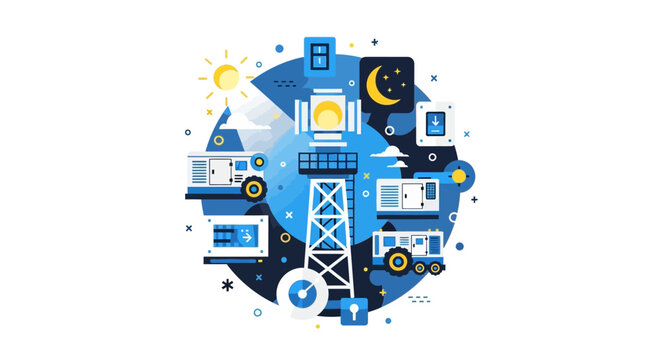 Industrial Telecommunications and Backup Power Infrastructure Concept Illustration with Diesel Generators and Communication Tower