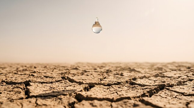 Single water droplet suspended above vast cracked dry earth under dusty sky, water scarcity and drought resilience concept art horizontal with copy space