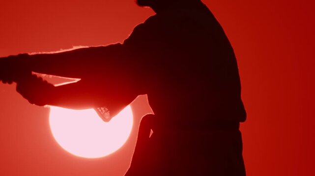 Sunset practice session with a martial artist in silhouette against a large sun