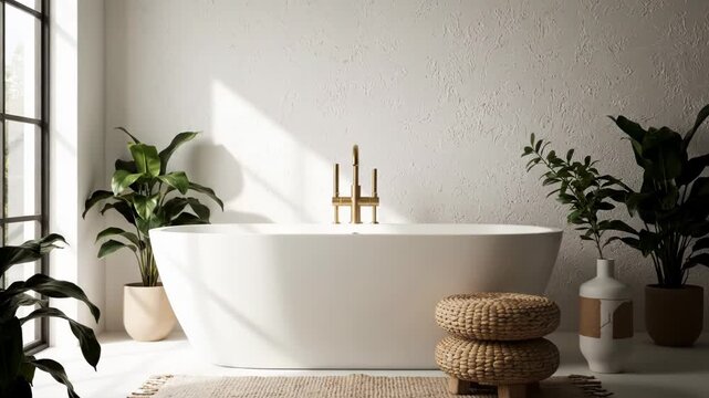 Modern minimalist white bathroom featuring a large freestanding oval bathtub, brass gold fixtures, textured plaster wall, green indoor plants, and soft sunlight from a window.