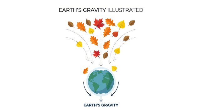 Earths gravity illustrated showing falling leaves pulled toward center of blue planet orb.