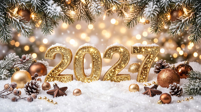 Happy New Year 2027 Background with Glowing Marquee Lights and Balloons