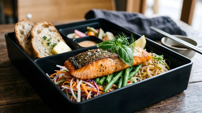 Gourmet salmon bento box with crusty bread and fresh vegetables during daylight