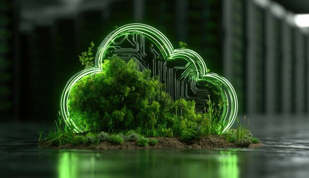 A luminous cloud shape of circuits and lush green plants emerges from earth