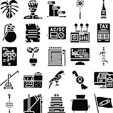 Set of numerous black glyph icons depicting a range of items and ideas including nature, technology, finance, music, food, and daily objects, providing visual representations for different themes