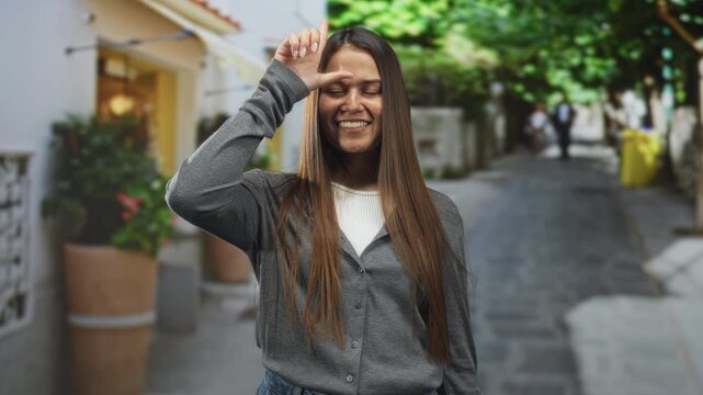 Woman makes l sign with hand to forehead and smiles while standing on a narrow cobblestone street with potted plants and a yellow bin; playful teasing banter.