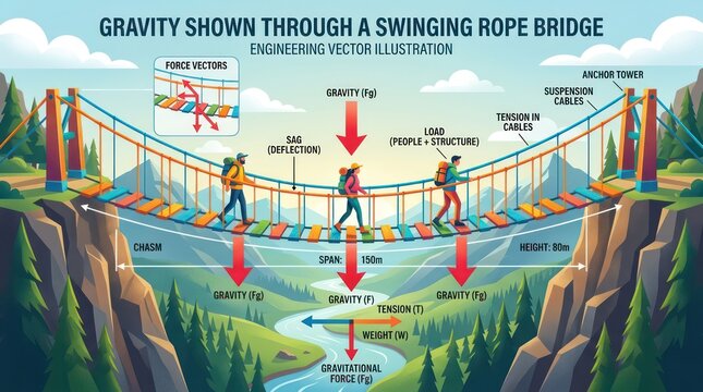 Rope bridge illustration showing gravity tension and force vectors on chasm.