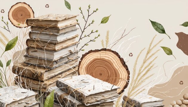 Sustainable publishing concept with old books and natural elements