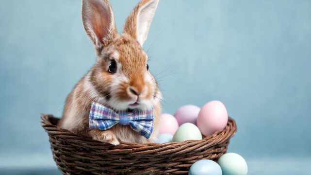 A cute brown rabbit wearing a blue bowtie sits atop colorful Easter eggs inside a woven basket. A charming for Easter celebrations and advertisements.