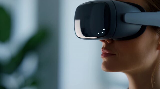 Profile view of woman wearing virtual reality headset with glossy visor, glowing LED indicators, matte finish, and adjustable strap in cool indoor light, with vr, headset, virtual, reality detail