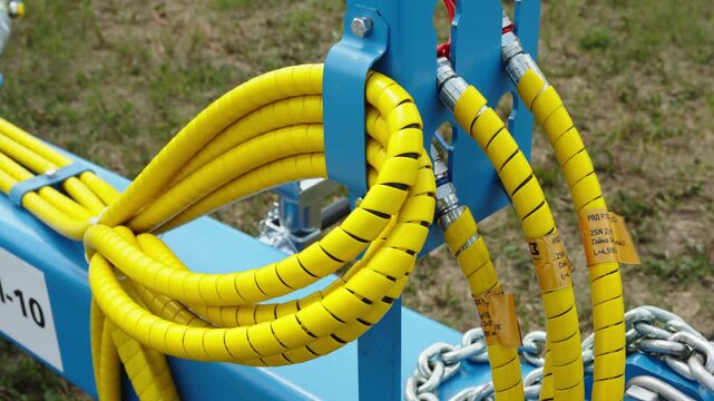 A bundle of hydraulic hoses wrapped in a bright yellow protective spiral sleeve is mounted on a blue agricultural machine framework.