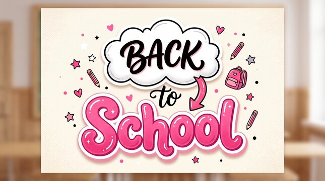 Back to school concept design, cute hand-drawn illustration with backpack and stationery, colorful educational banner for students
