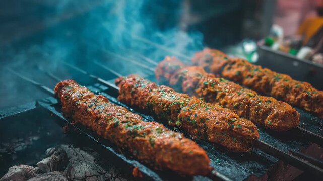 Yummy meat skewer with herbs, ready for eating