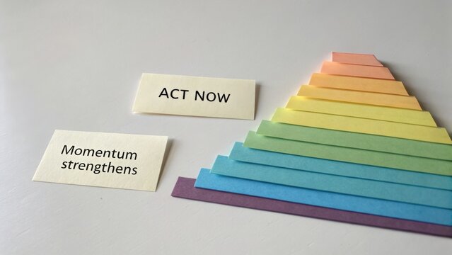 Motivational messages with colorful paper strips encouraging action and progress in personal development and productivity