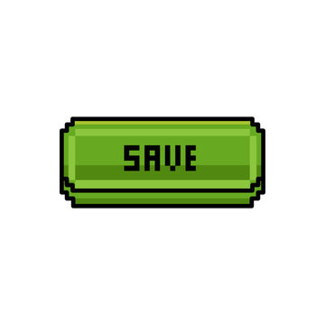 Green pixel art save button with black text on white background vector