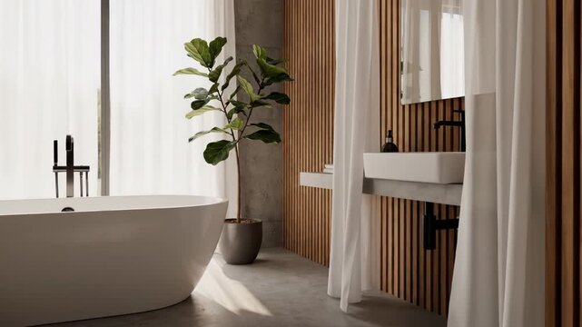 Modern bathroom featuring a white freestanding bathtub, concrete floor, wood slat wall, fiddle leaf fig, white sheer curtains, and black fixtures in bright natural sunlight.
