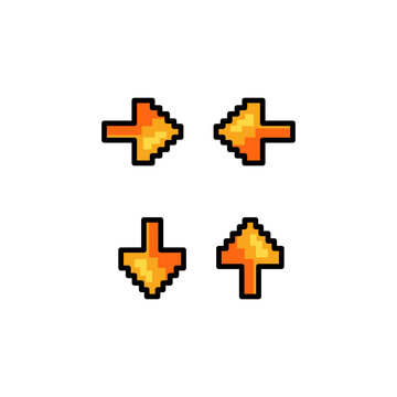 Orange pixelated arrow buttons pointing up down left and right on white background vector