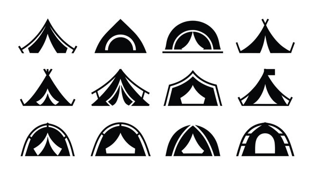 Minimal black camping tent icon collection isolated on white background