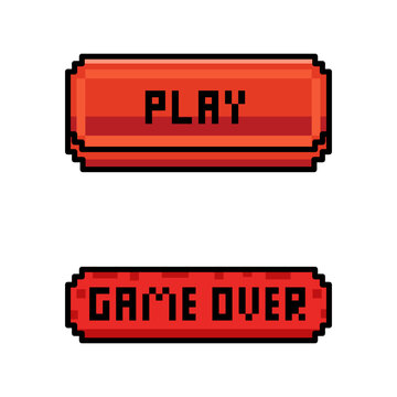 Pixel art play and game over buttons in red on white background vector