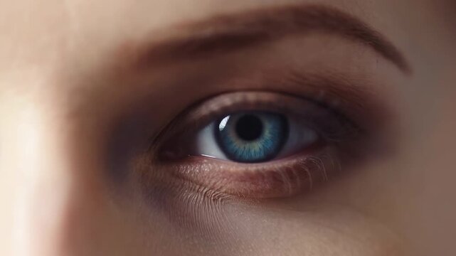 Close-up of blue eye blinking and reopening with subtle narrowing indicating focused gaze
