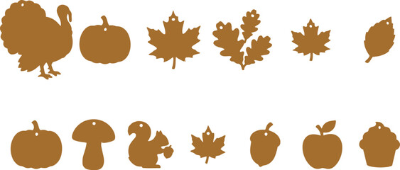 Set of isolated brown autumn thanksgiving shapes on transparent background. © MDGOFFAR