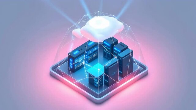 A clean, isometric 3D render of a high-tech server farm housed within a glowing protective digital network dome.