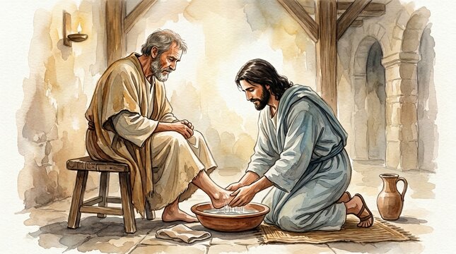 Two religious figures depicted in a kneeling and standing pose within a sacred setting.