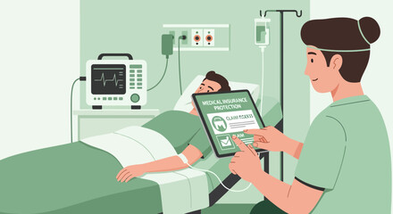 Fototapeta premium Nurse Explains Medical Insurance On Tablet To Patient In Hospital Bed