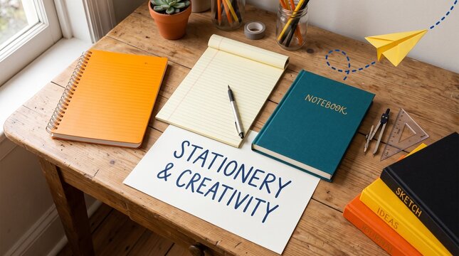 welcome sign Paper Airplane, and Learning Essentials on a Wooden Desk, Modern Education Workspace, Student Study Supplies, Academic Organization, Classroom Preparation, Creative Learning Concept, Prem