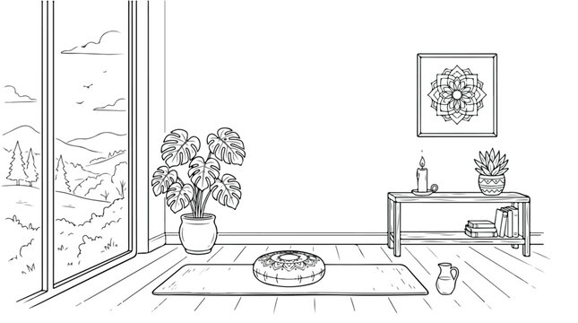Minimalist yoga room interior line art, zen meditation space with monstera plant and mountain view, coloring book page vector illustration