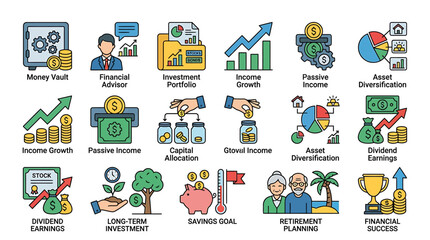 Fototapeta premium Financial Investment and Planning Icons Set for Business and Personal Finance.